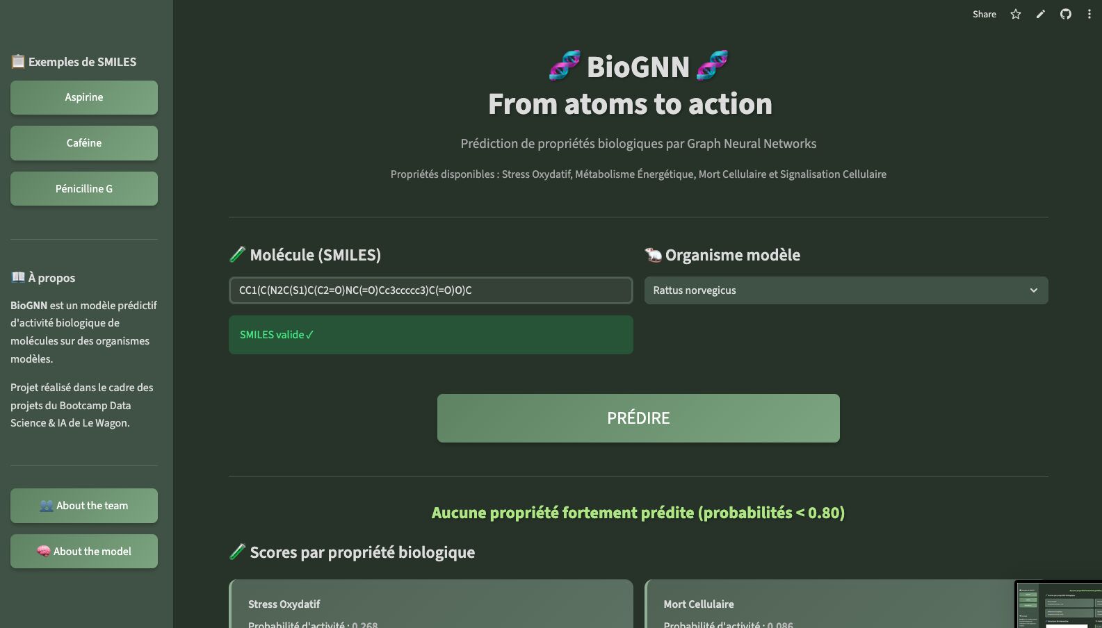 Interface BioGNN — prédiction sur une molécule test